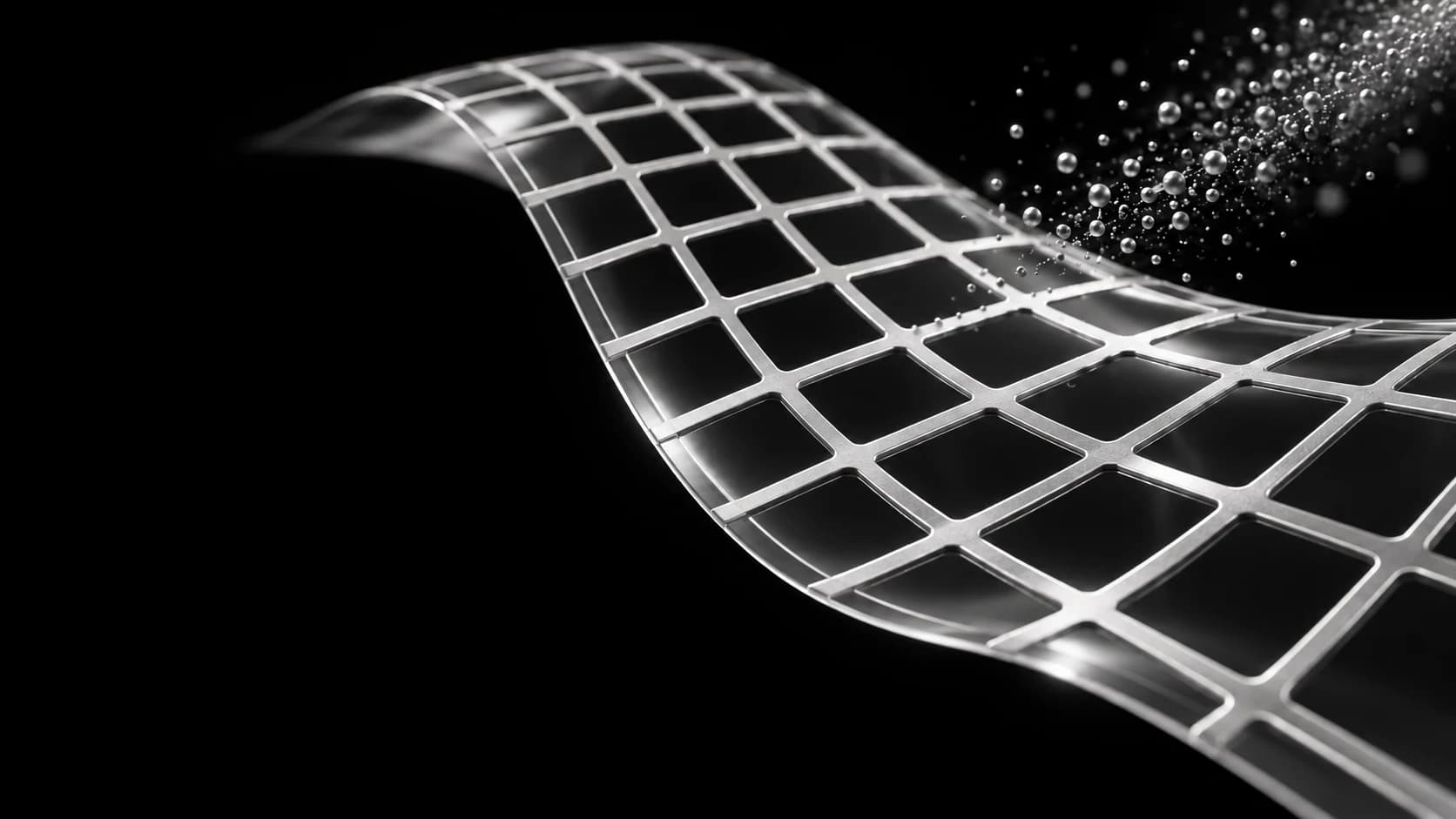 Concept rendering of an aerosol-assembled open metal nano-grid on a curved flexible substrate